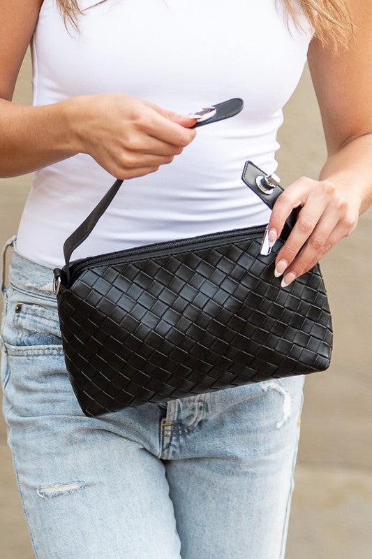 Convertible Woven Crossbody Handbag in black vegan leather.