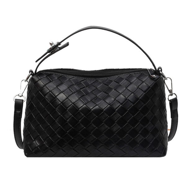 Convertible Woven Crossbody Handbag in black vegan leather.