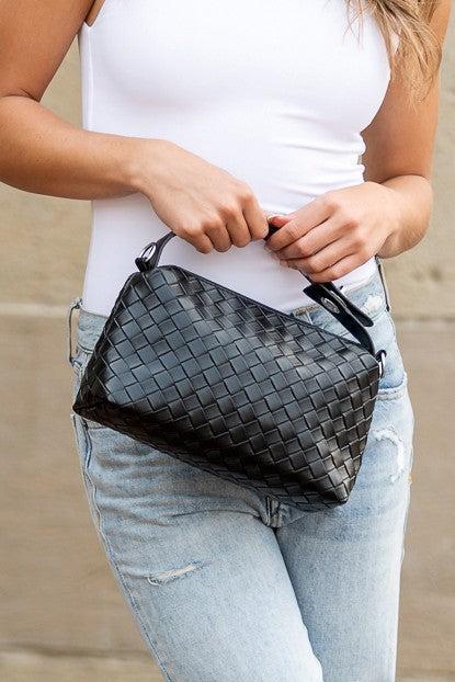 Convertible Woven Crossbody Handbag in black vegan leather.