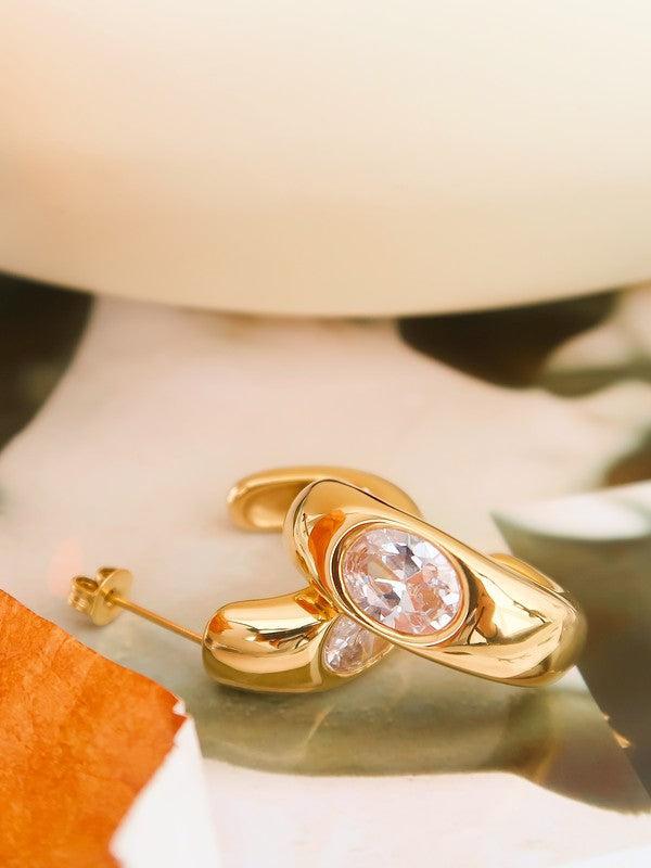 18K Gold Non-Tarnish CZ Classic C Hoop Earring