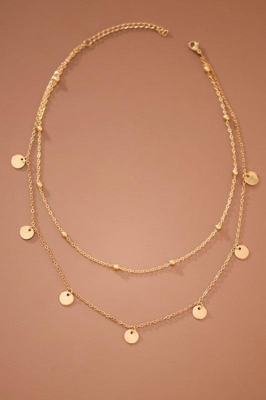 18K Gold Dipped Stainless Steel Layered Chain Necklace with small disc charms.