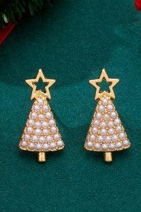 Pearl-embellished Christmas Tree Stud Earrings