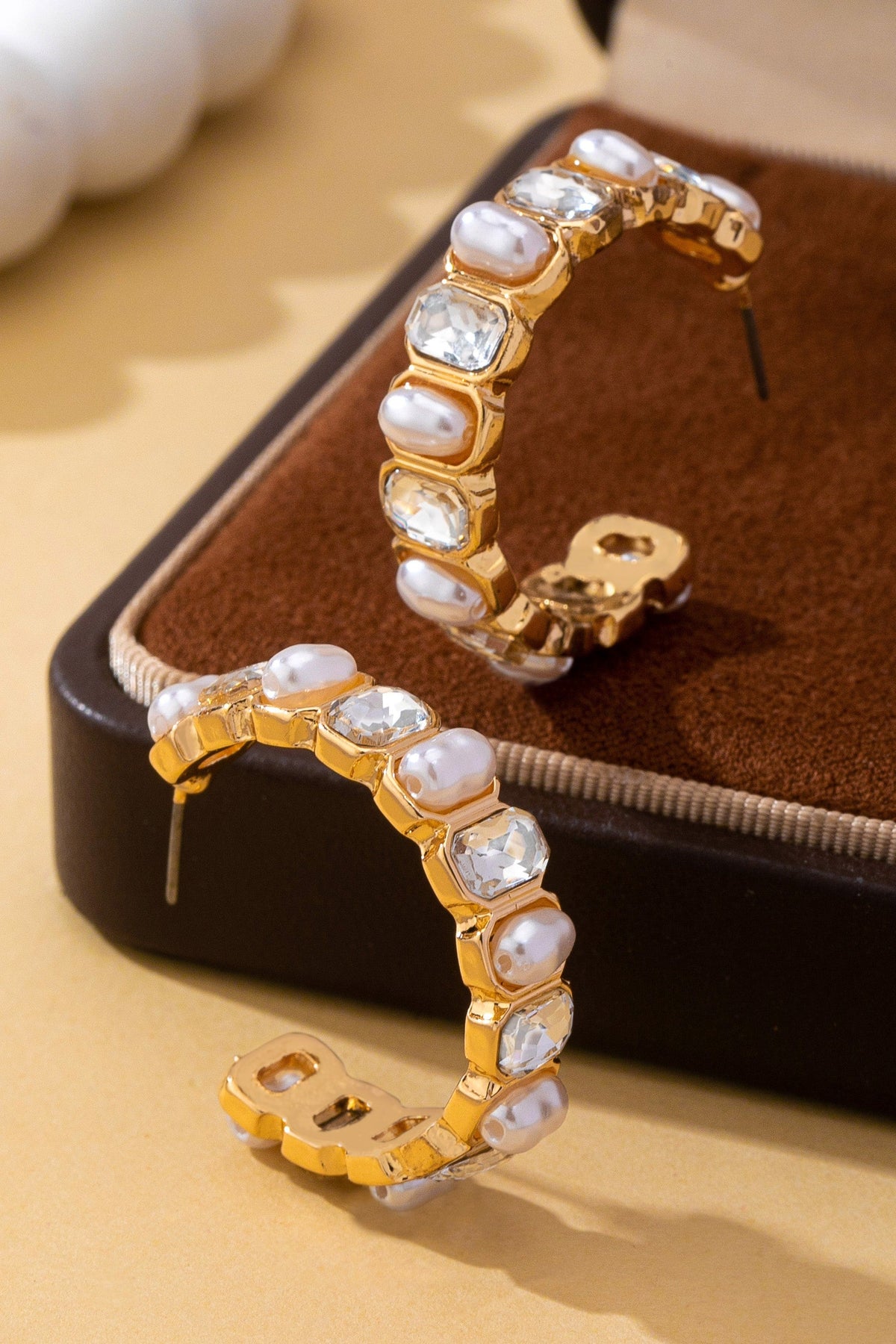 Alternating Pearl And Rhinestone Hoop Earrings