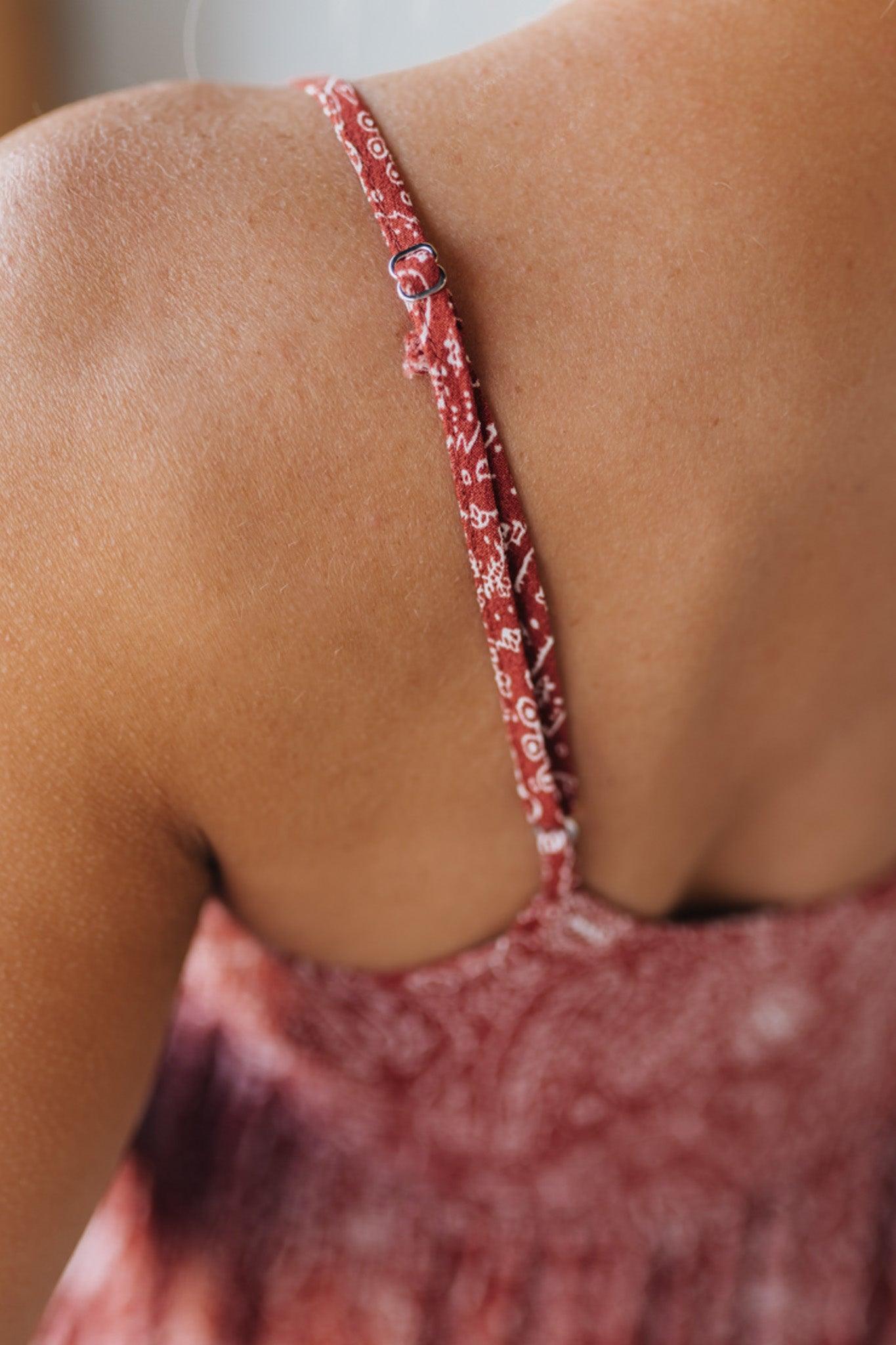 Blonde woman wearing a red Paisley Print Maxi Dress With Adjustable Straps.