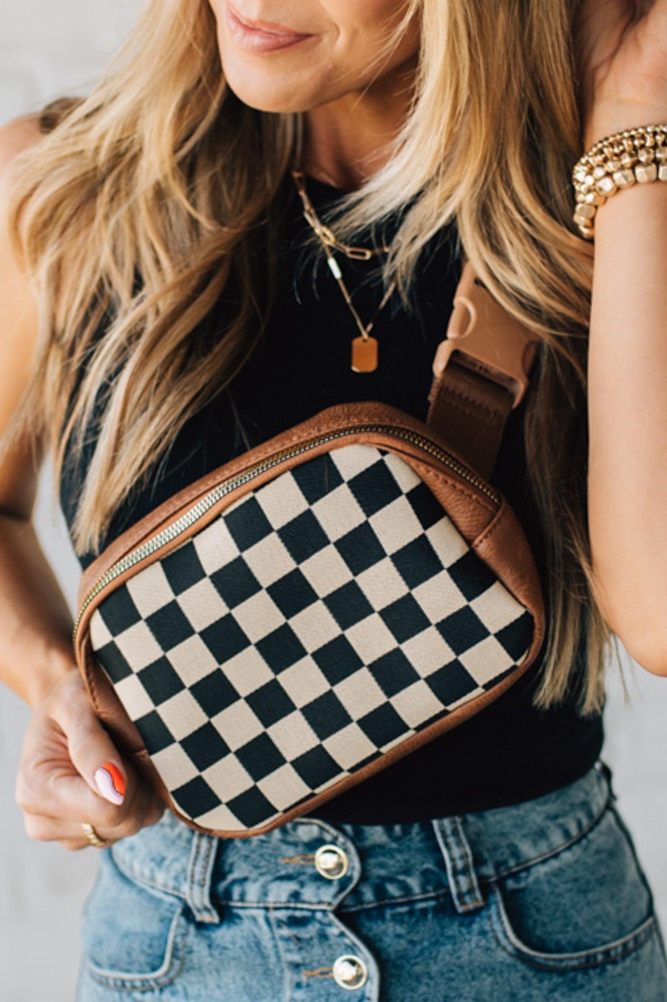 Blonde Woman in a Hat with a Mixed Texture Check Sling Belt Bum Bag across her body.