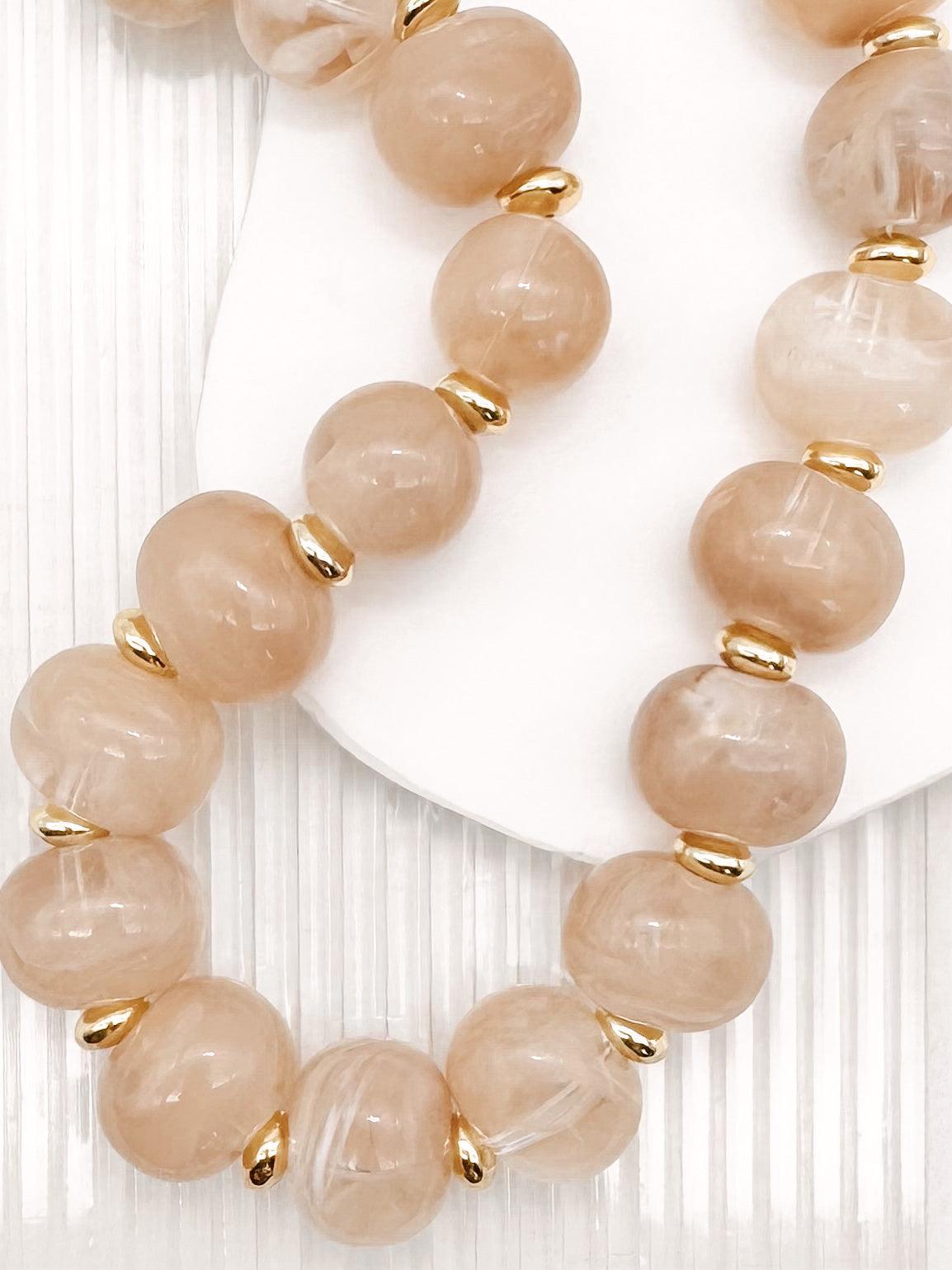 Boho Oval Resin Bead Necklace in a Cream and Light Brown Mix with small Gold Beads,