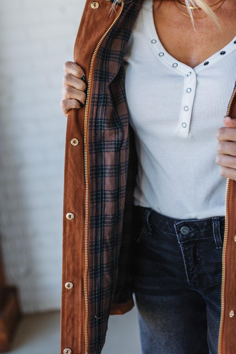 Person wearing a plaid jacket over a white shirt and dark jeans.
