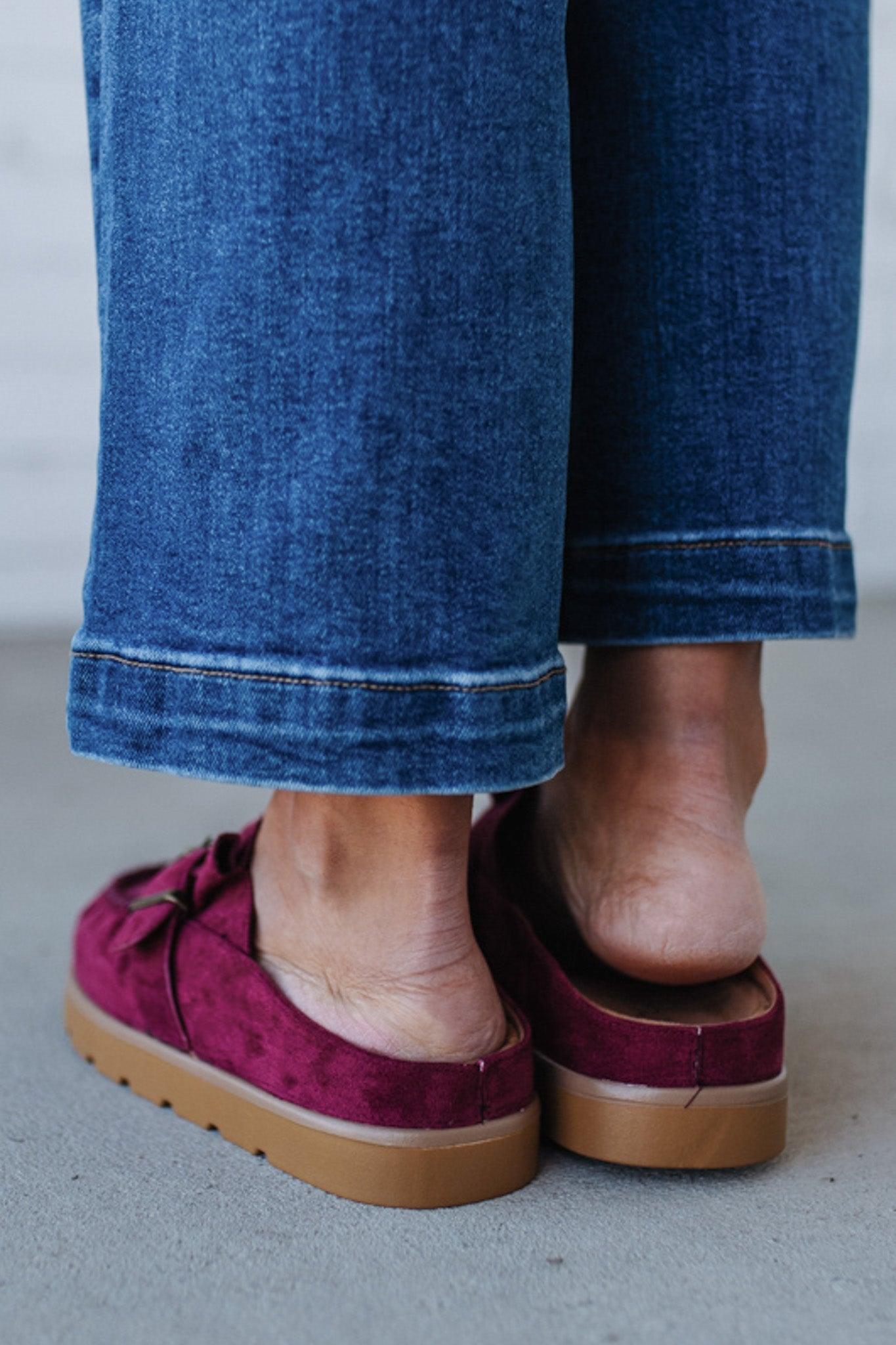 Ruffle Entrance Design Slip-on Moccasin Mule, in ox blood red