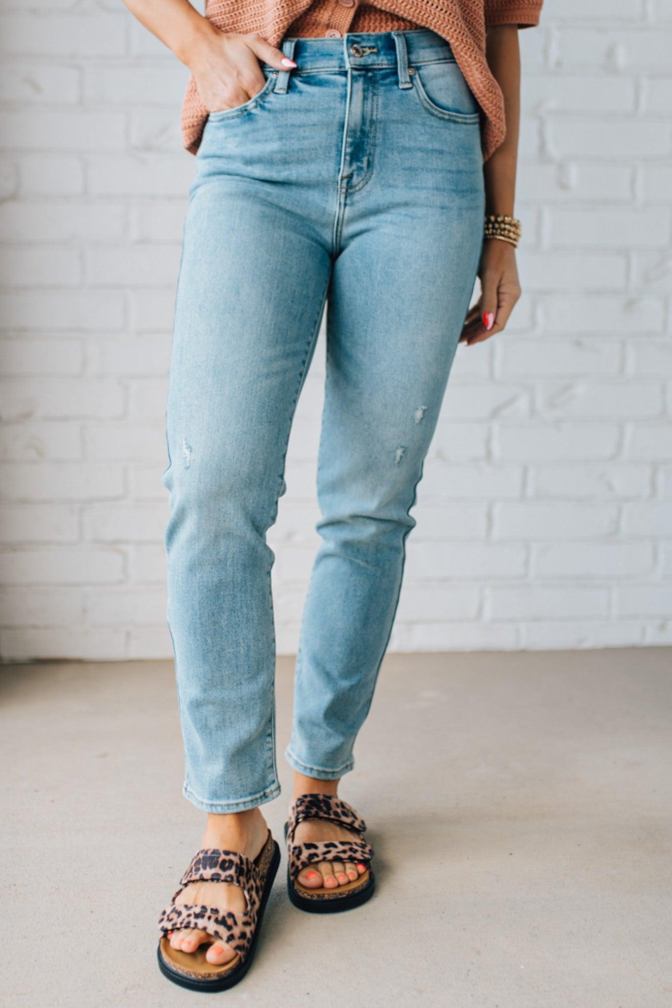 Women's Medium Wash High Rise Slim Straight Ankle Jeans.