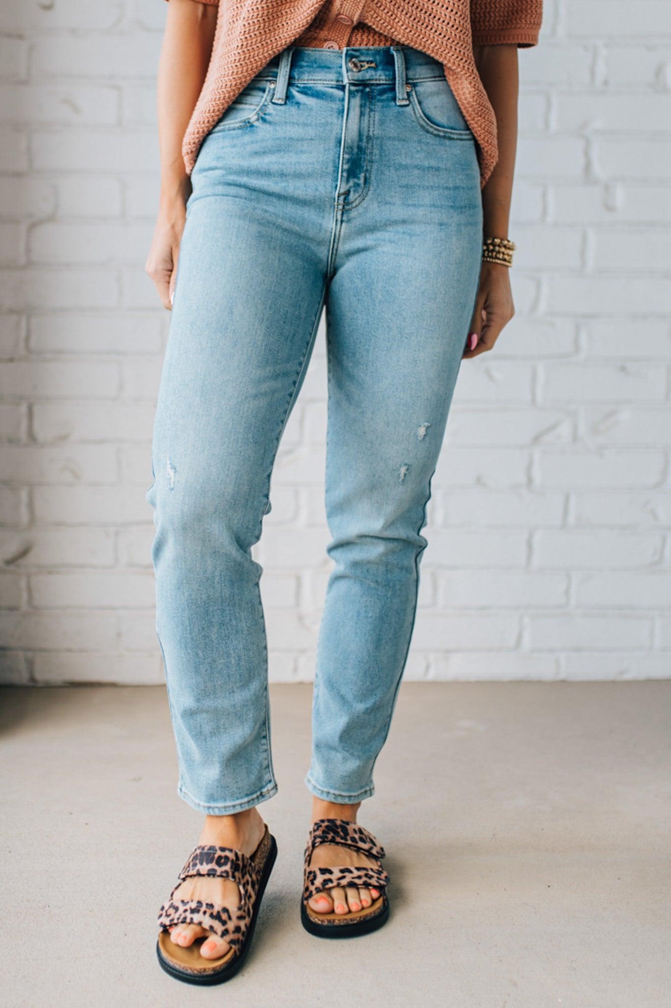 Women's Medium Wash High Rise Slim Straight Ankle Jeans.