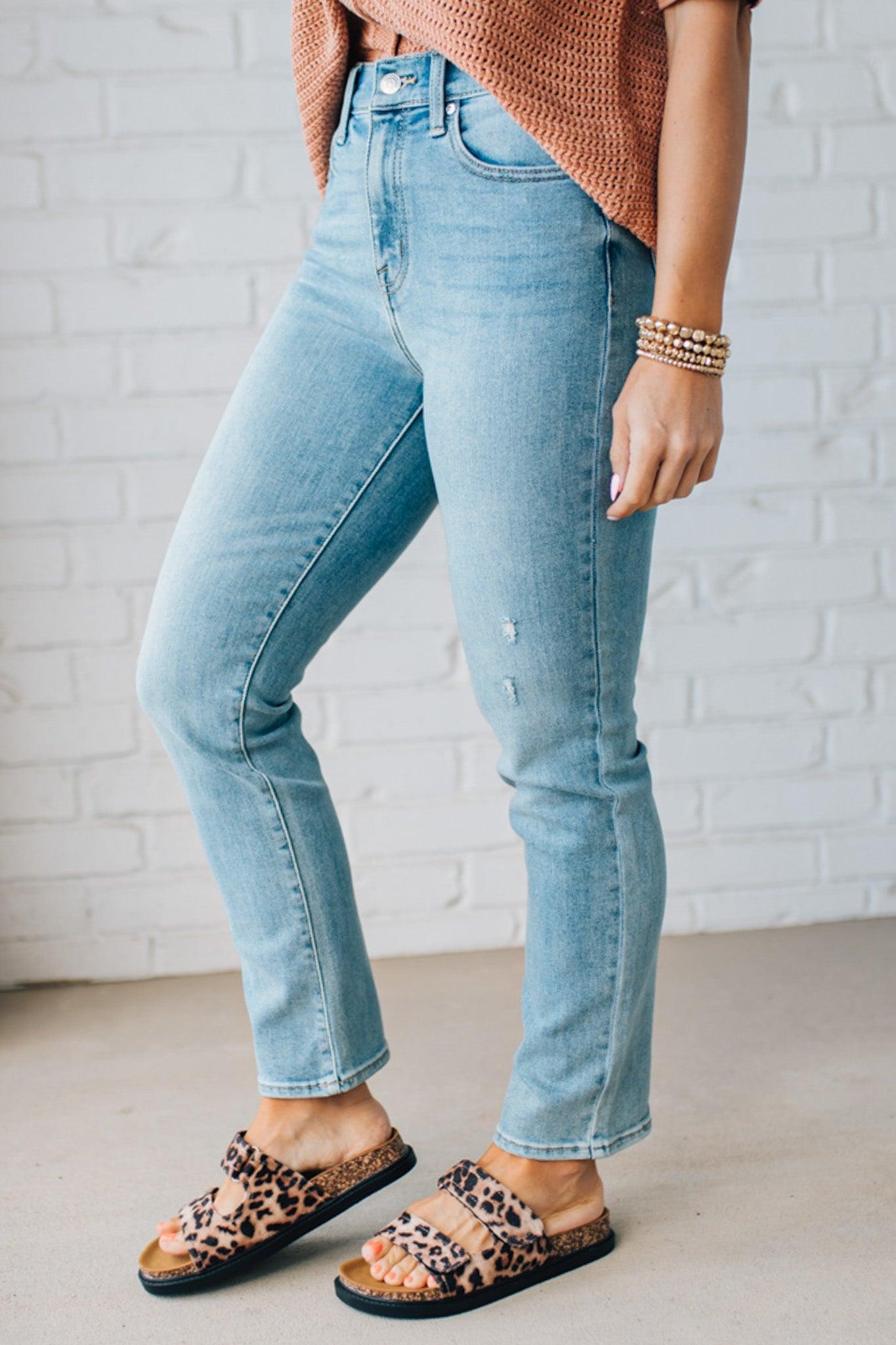 Women's Medium Wash High Rise Slim Straight Ankle Jeans.