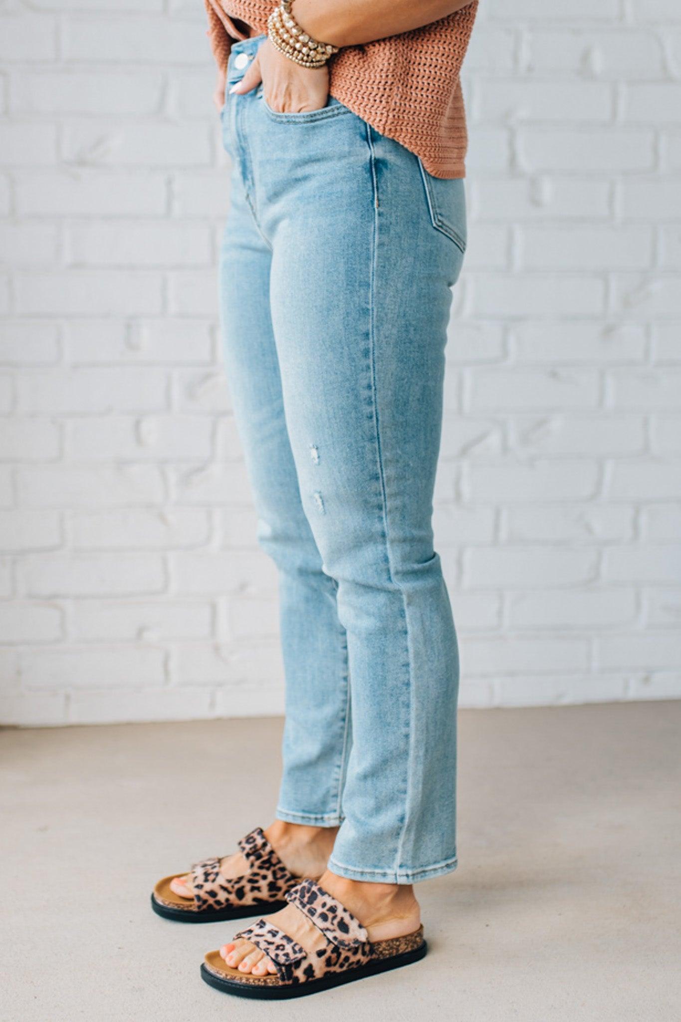 Women's Medium Wash High Rise Slim Straight Ankle Jeans.