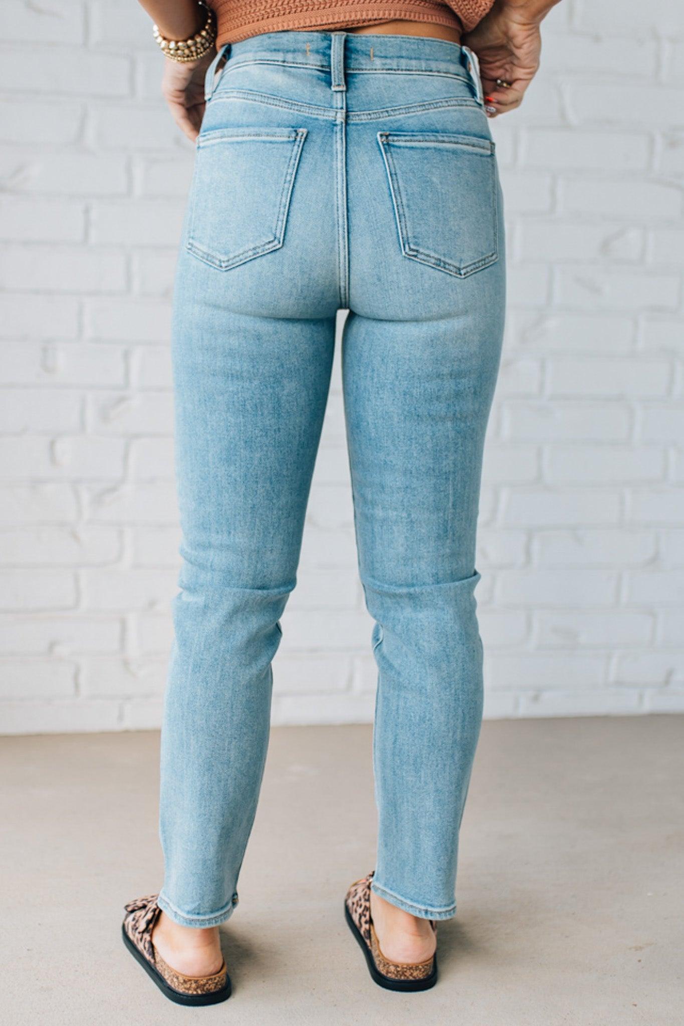 Women's Medium Wash High Rise Slim Straight Ankle Jeans.