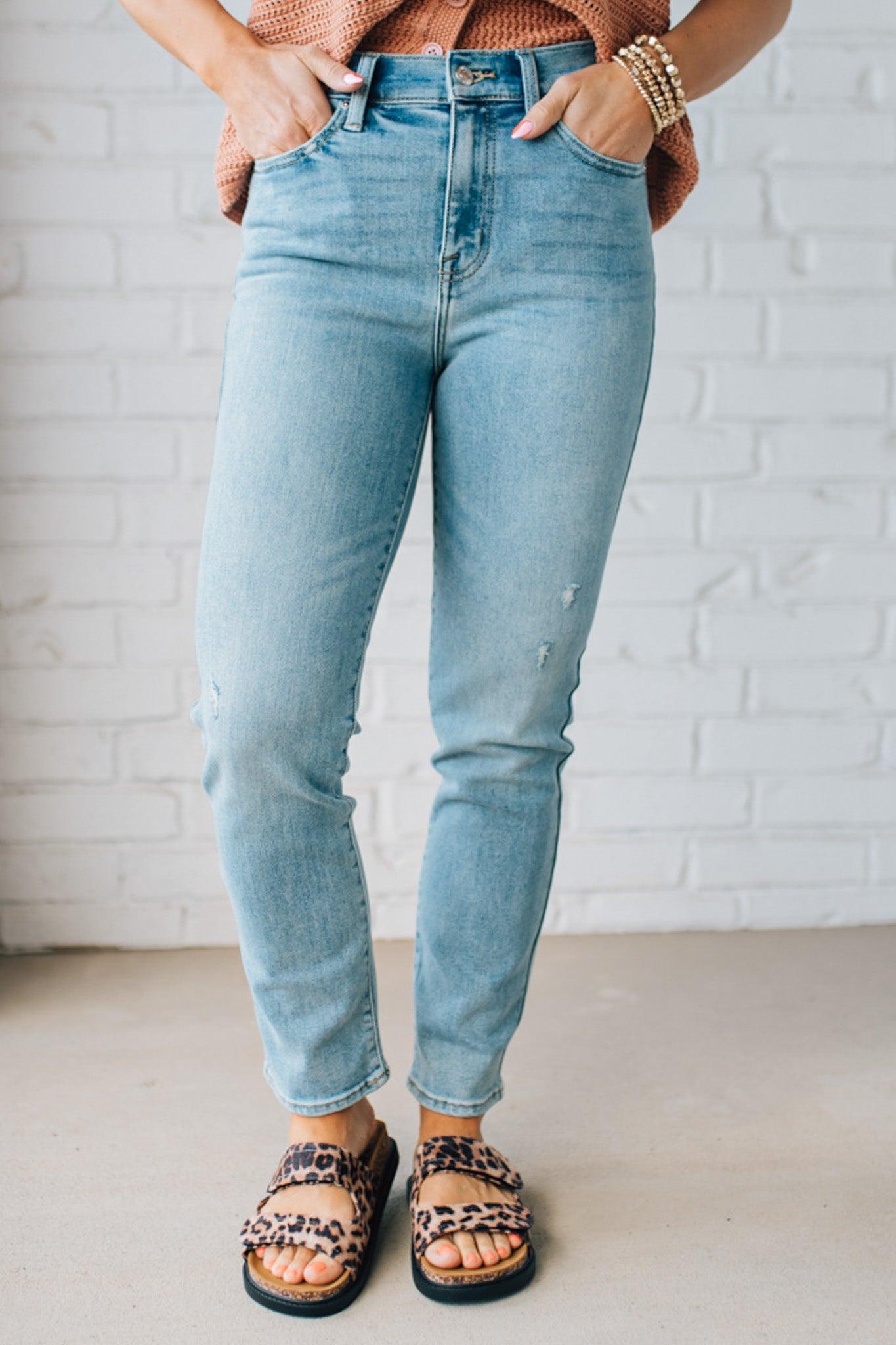 Women's Medium Wash High Rise Slim Straight Ankle Jeans.