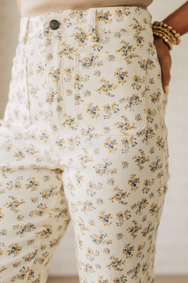 Blonde woman wearing Ditsy Floral Printed Front Pocket Stretch Wide Leg Jeans.