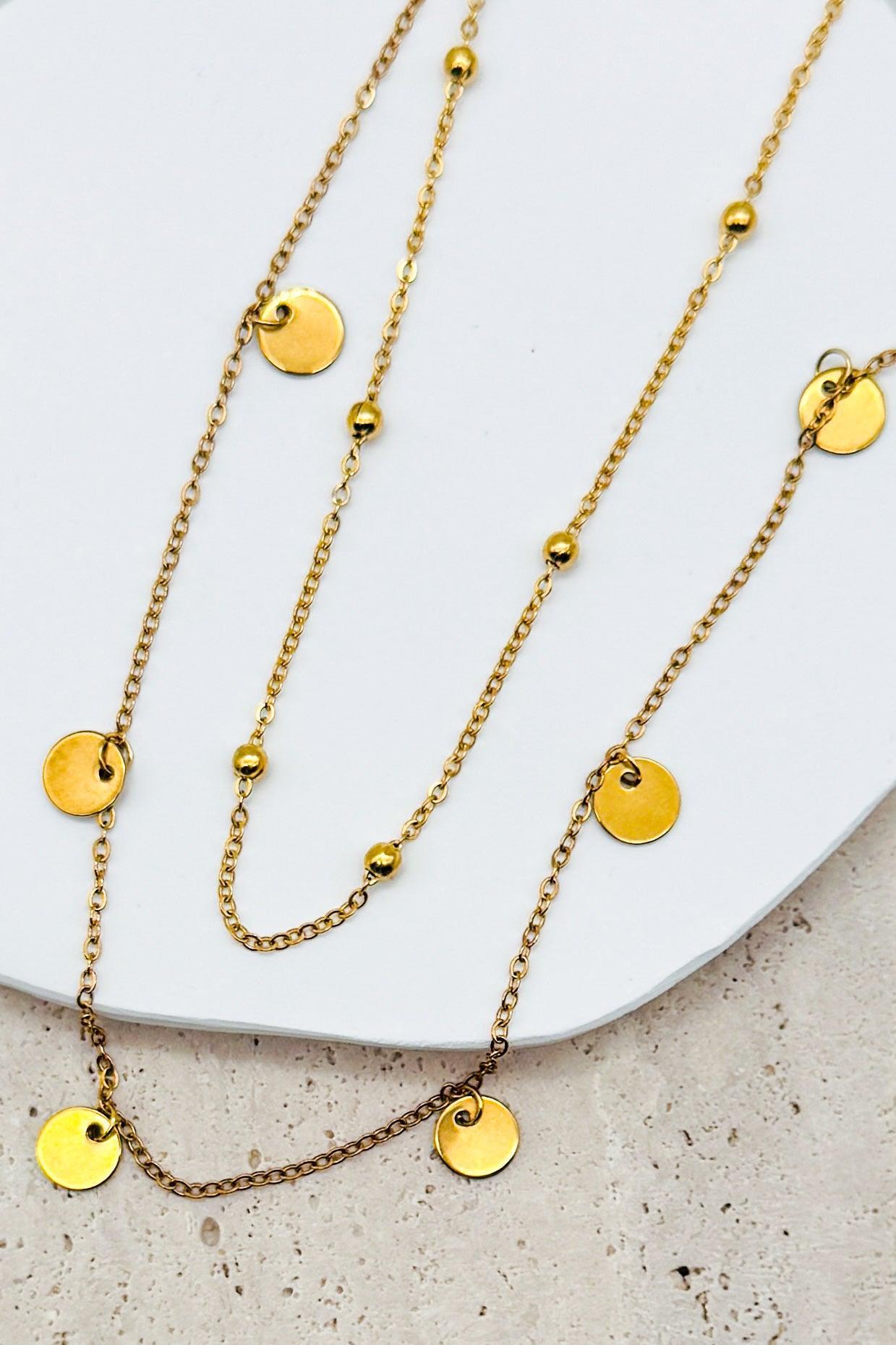 18K Gold Dipped Stainless Steel Layered Chain Necklace with small disc charms.