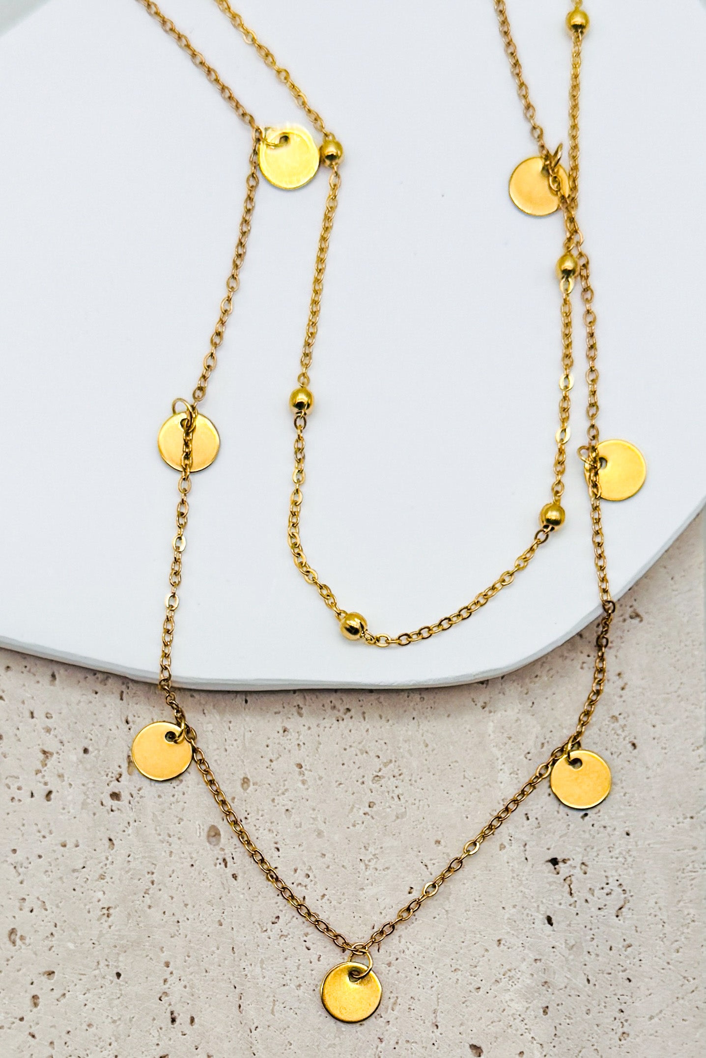 18K Gold Dipped Stainless Steel Layered Chain Necklace with small disc charms.