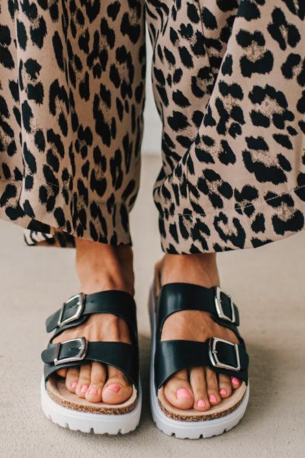 Women's Chunky Two Strap Sandal in black faux leather and white sole.