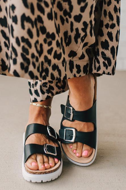 Women's Chunky Two Strap Sandal in black faux leather and white sole.