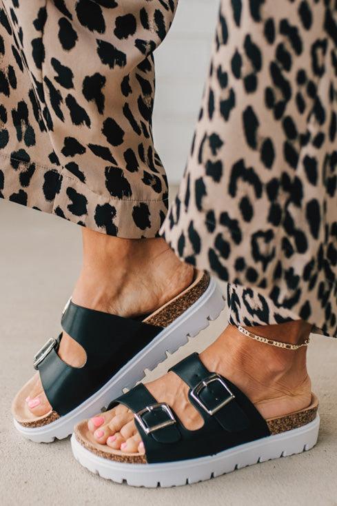 Women's Chunky Two Strap Sandal in black faux leather and white sole.