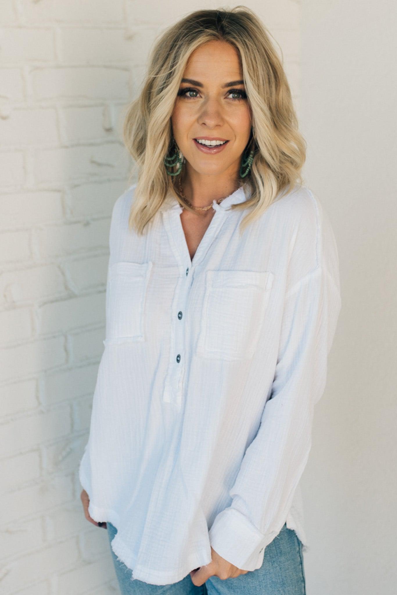 Gauze Henley Side Split Top
