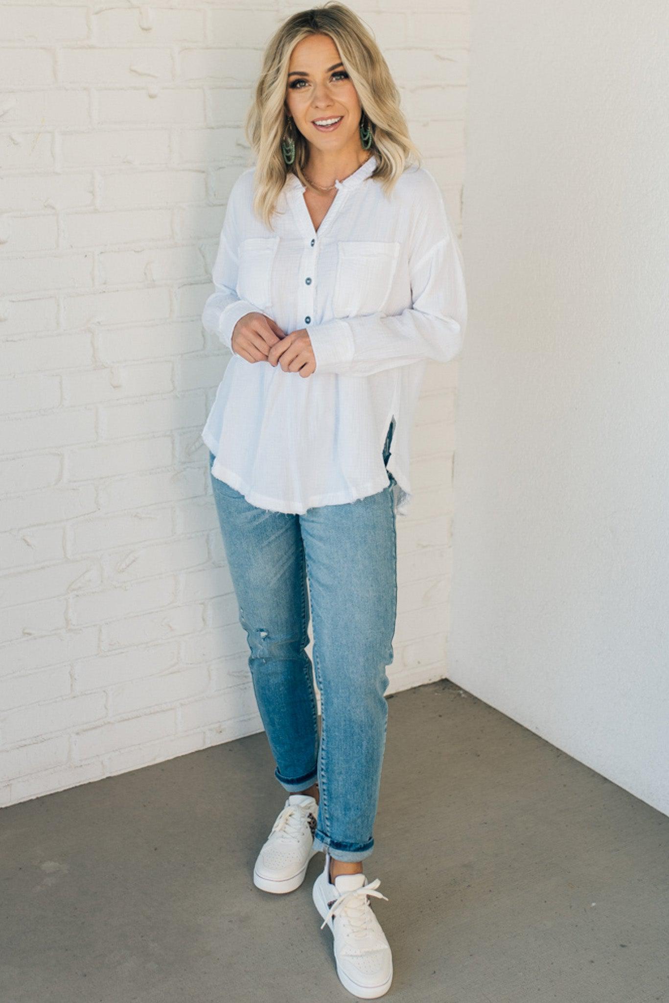 Gauze Henley Side Split Top