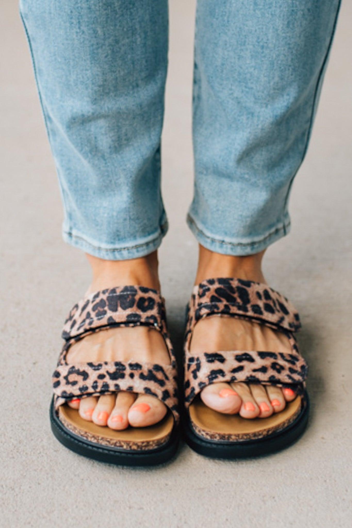 Women's Leopard Cork Sole Slide Sandal with Double Straps.