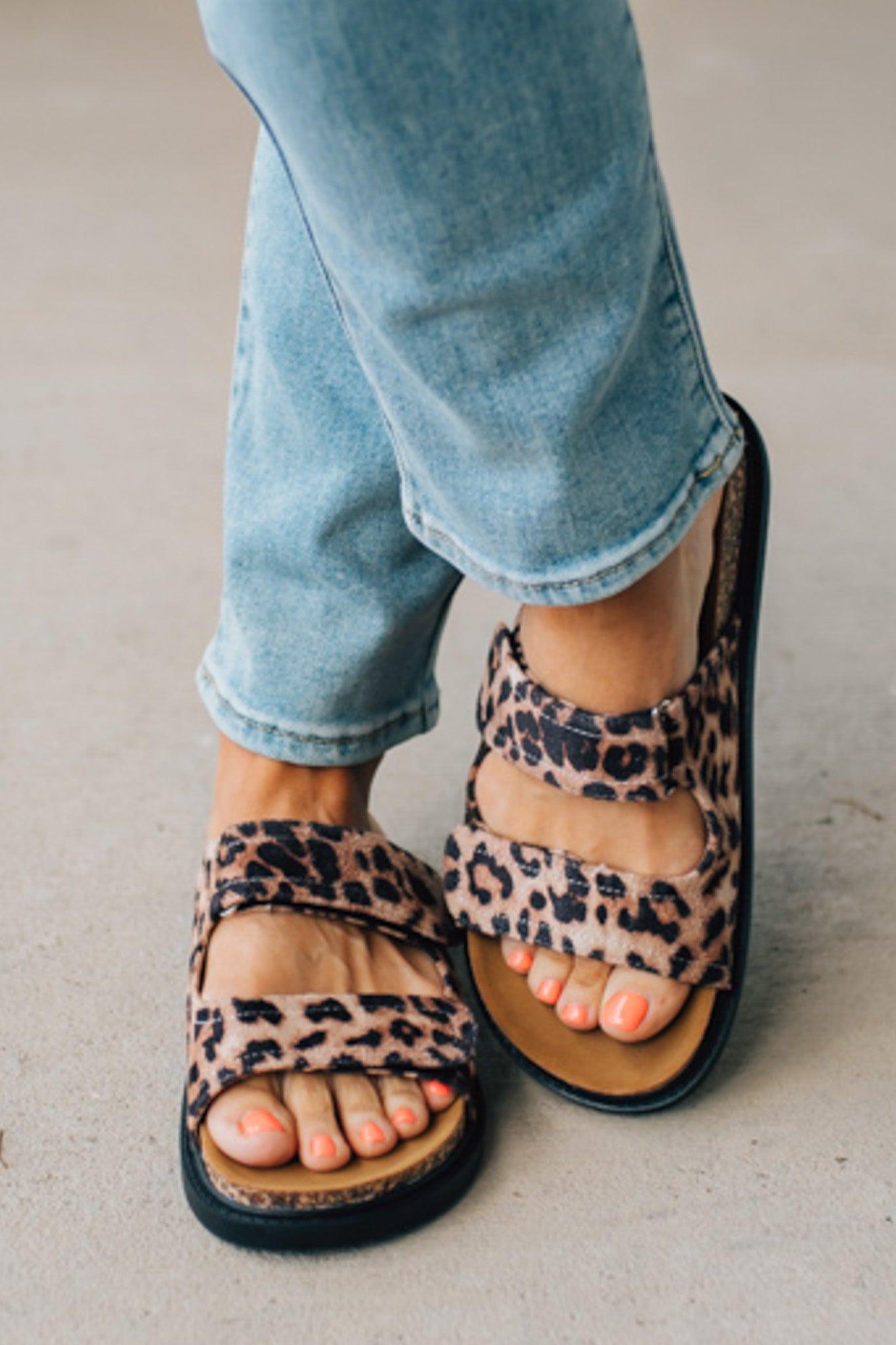 Women's Leopard Cork Sole Slide Sandal with Double Straps.