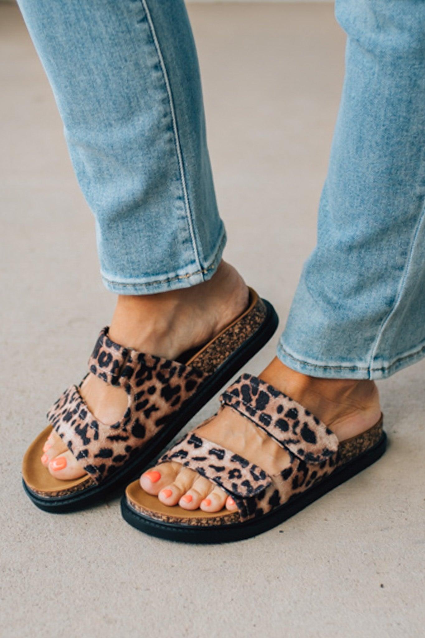 Women's Leopard Cork Sole Slide Sandal with Double Straps.