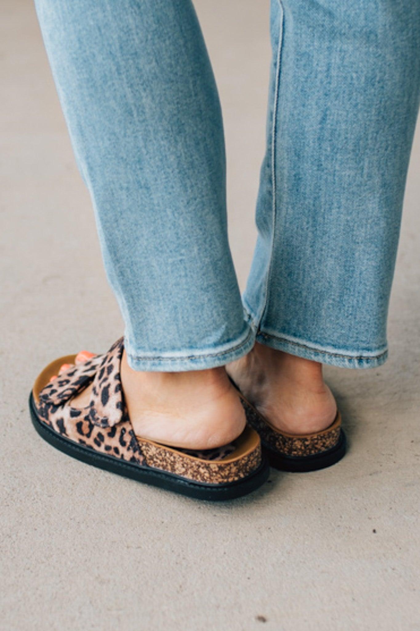 Women's Leopard Cork Sole Slide Sandal with Double Straps.
