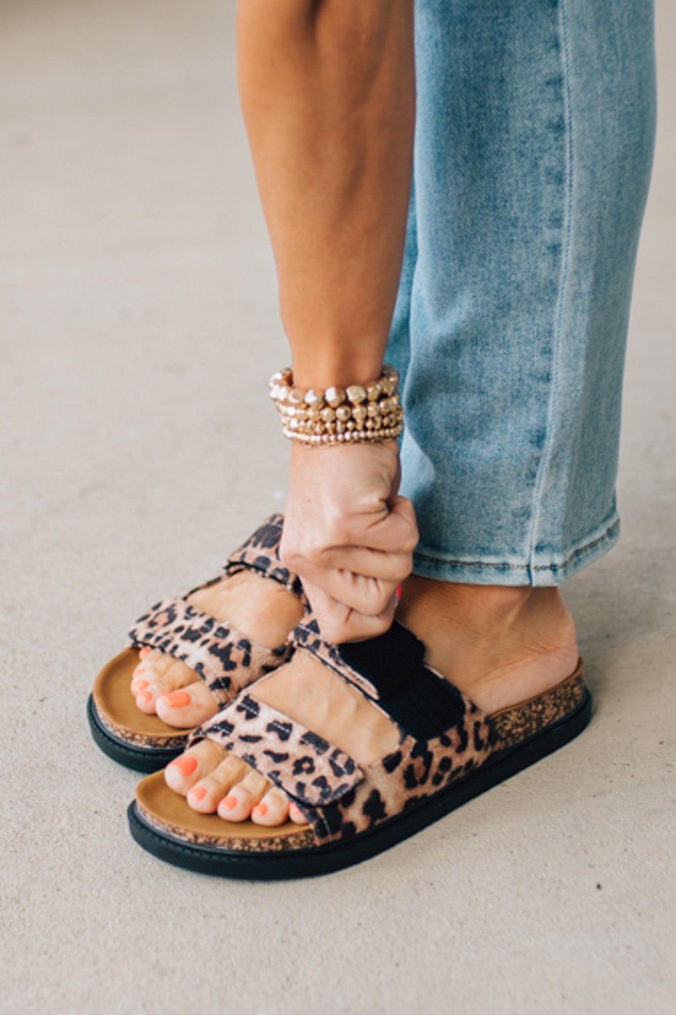 Women's Leopard Cork Sole Slide Sandal with Double Straps.