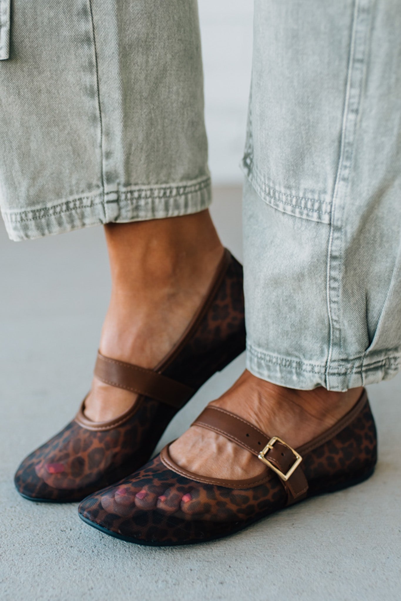 Women's Mesh Mary Jane Flats With Patent Buckle and Leopard Print.
