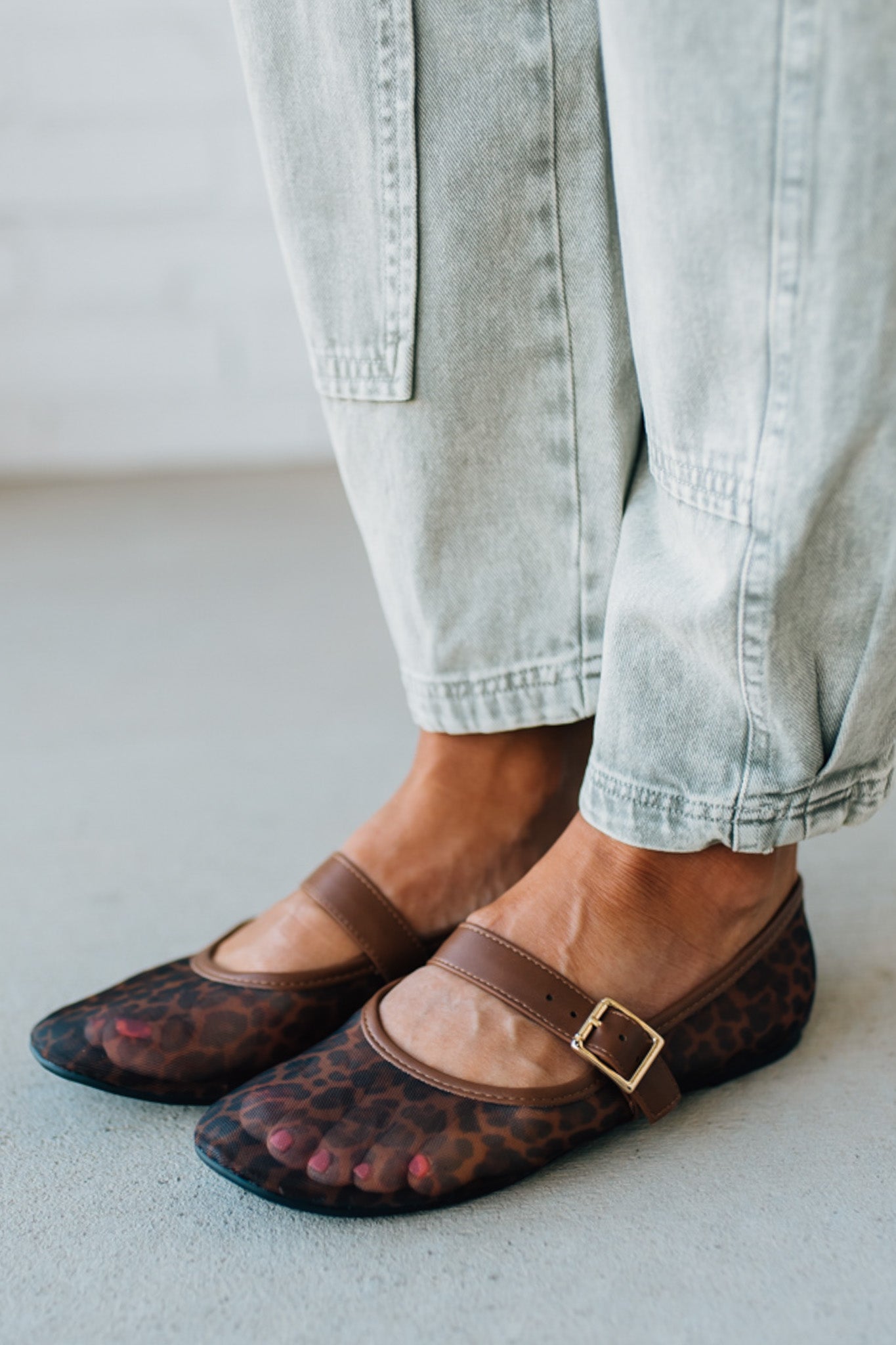 Women's Mesh Mary Jane Flats With Patent Buckle and Leopard Print.
