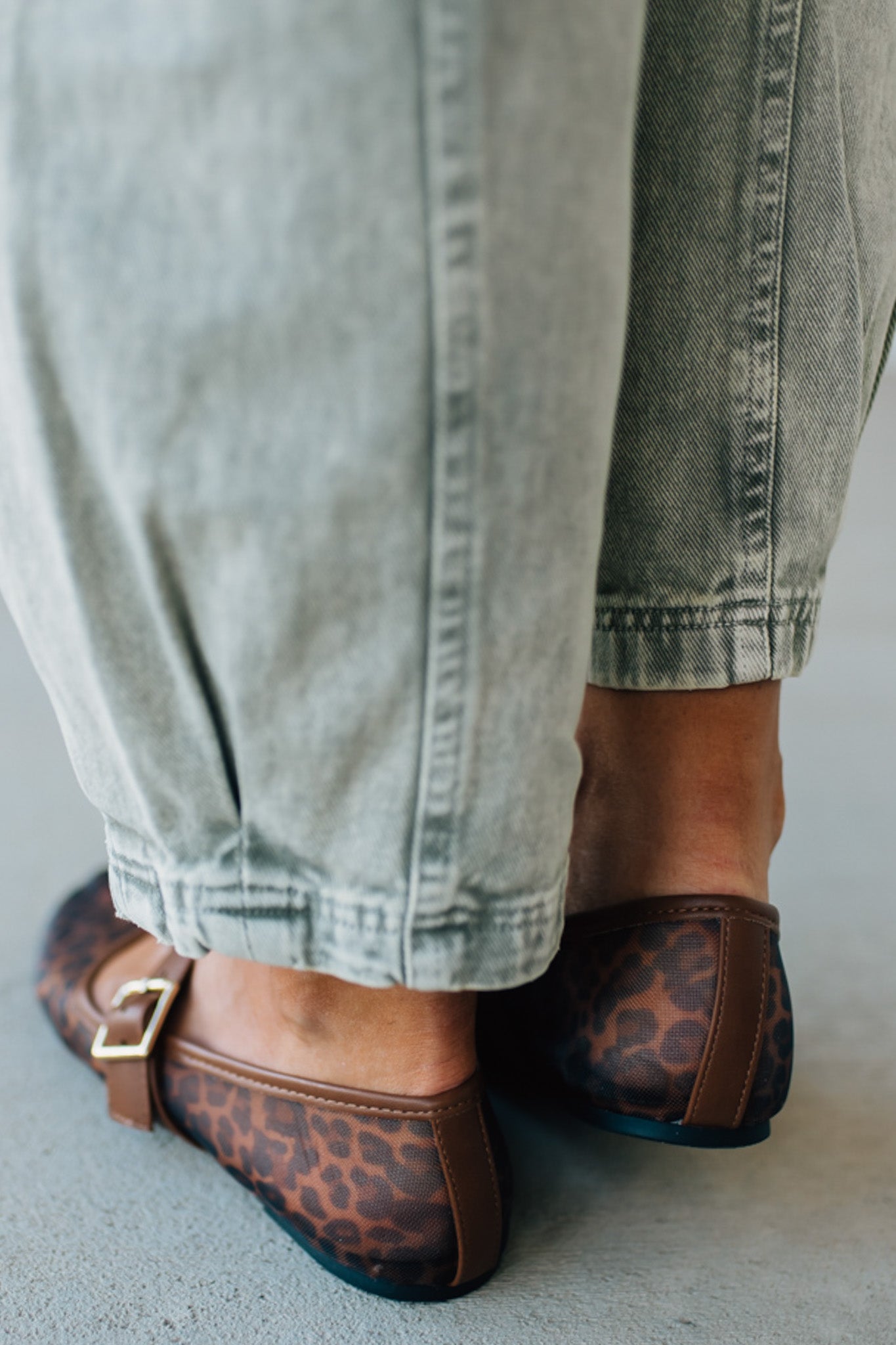 Women's Mesh Mary Jane Flats With Patent Buckle and Leopard Print.