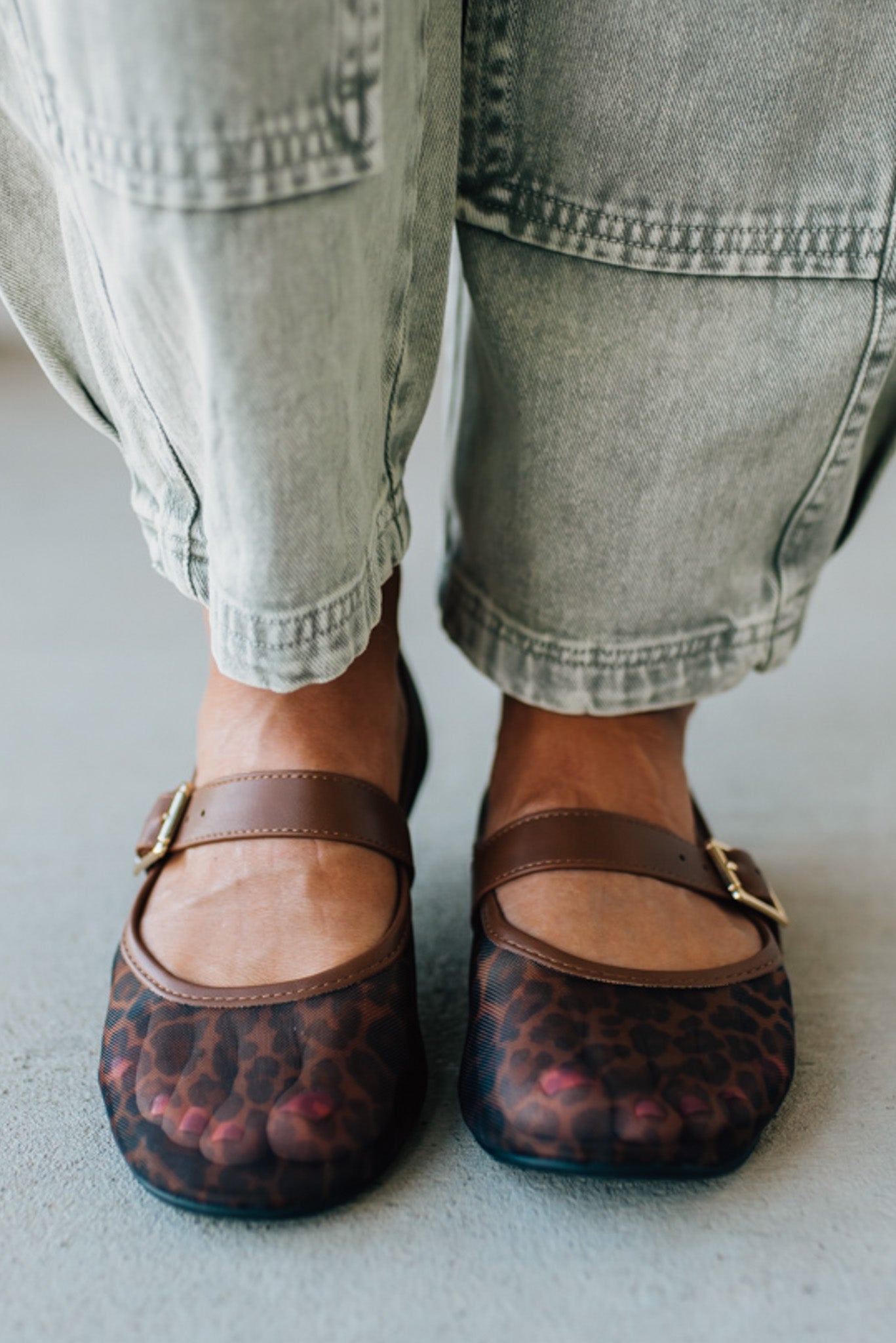 Women's Mesh Mary Jane Flats With Patent Buckle and Leopard Print.