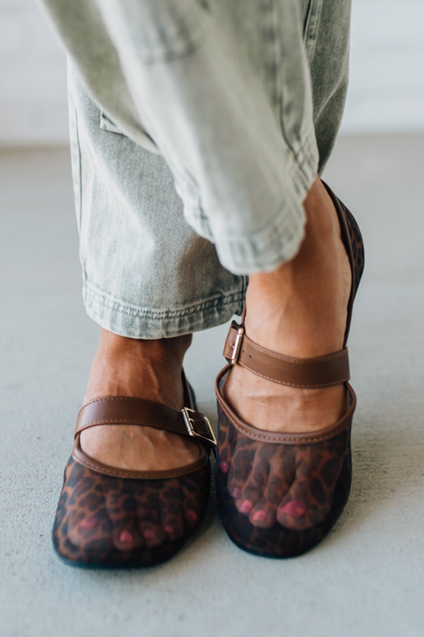 Women's Mesh Mary Jane Flats With Patent Buckle and Leopard Print.