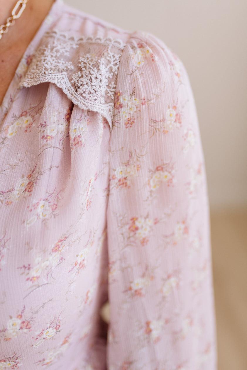 Blonde Woman Wearing a Button Front, Light Pink Floral Lace Paneled Maxi Dress.