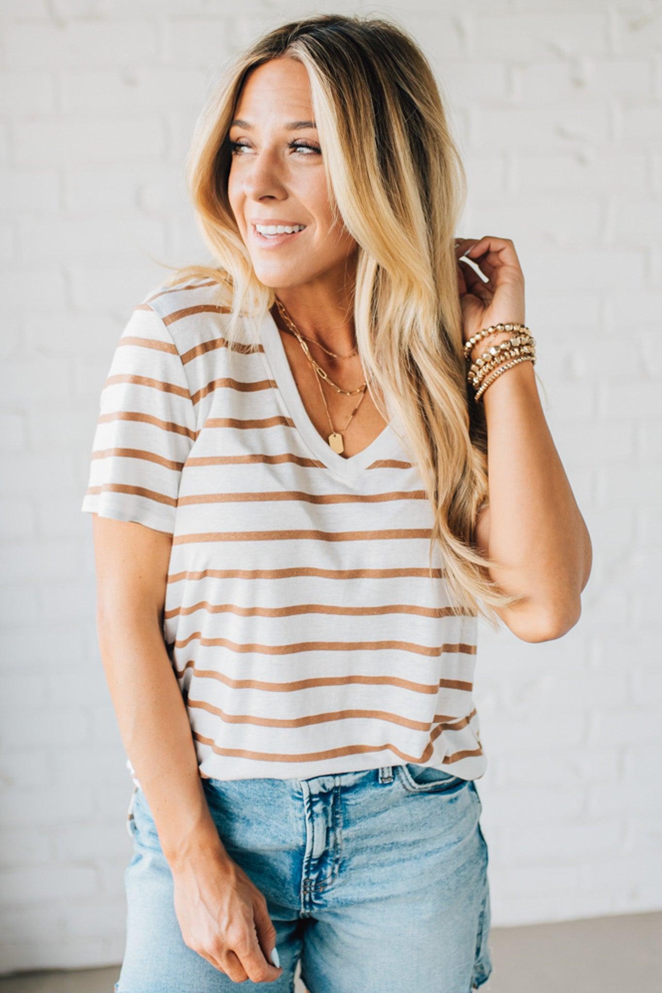 Blonde woman in shorts wearing a Cotton Linen Blend Relaxed Fit Striped T-shirt.