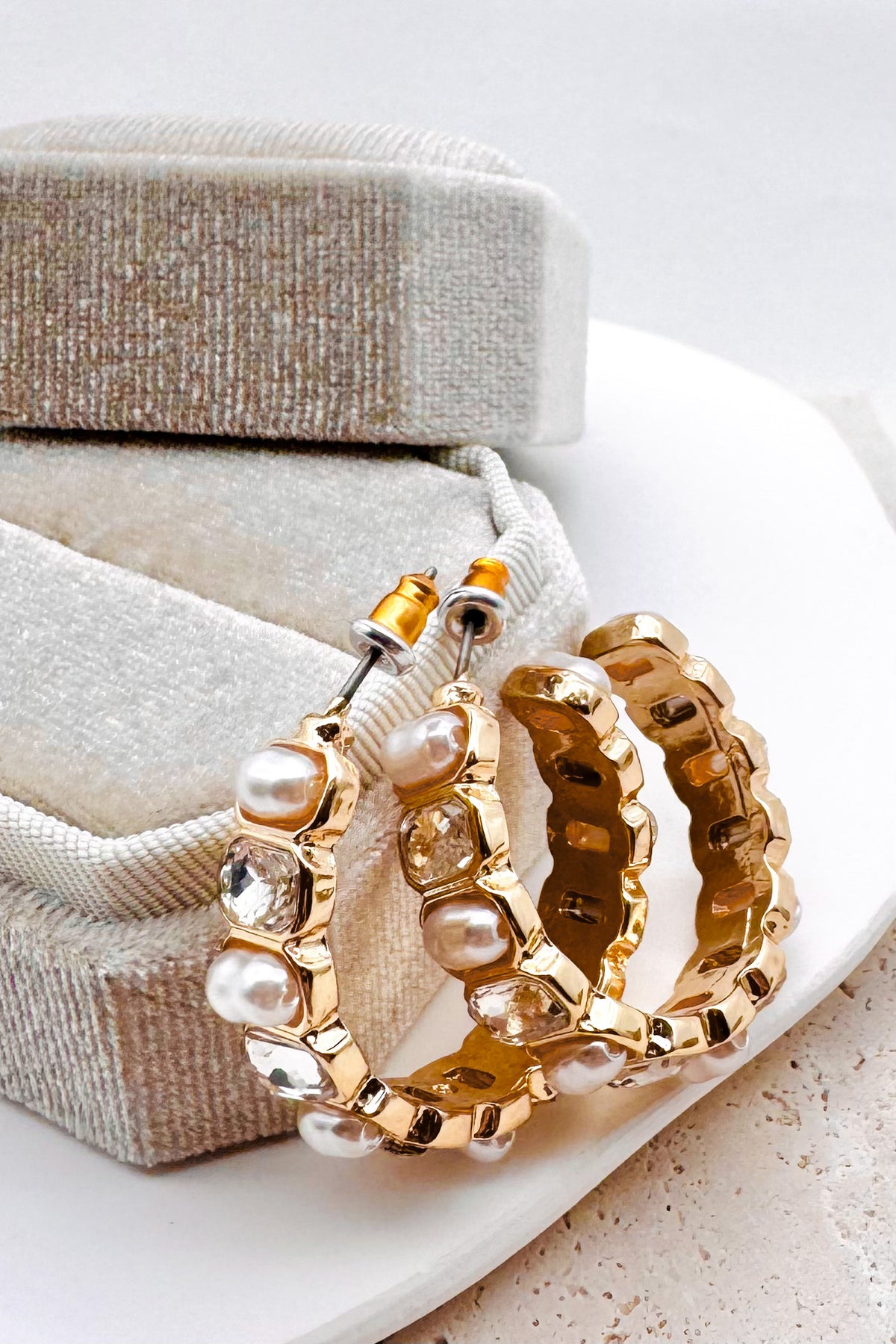 Alternating Pearl And Rhinestone Hoop Earrings