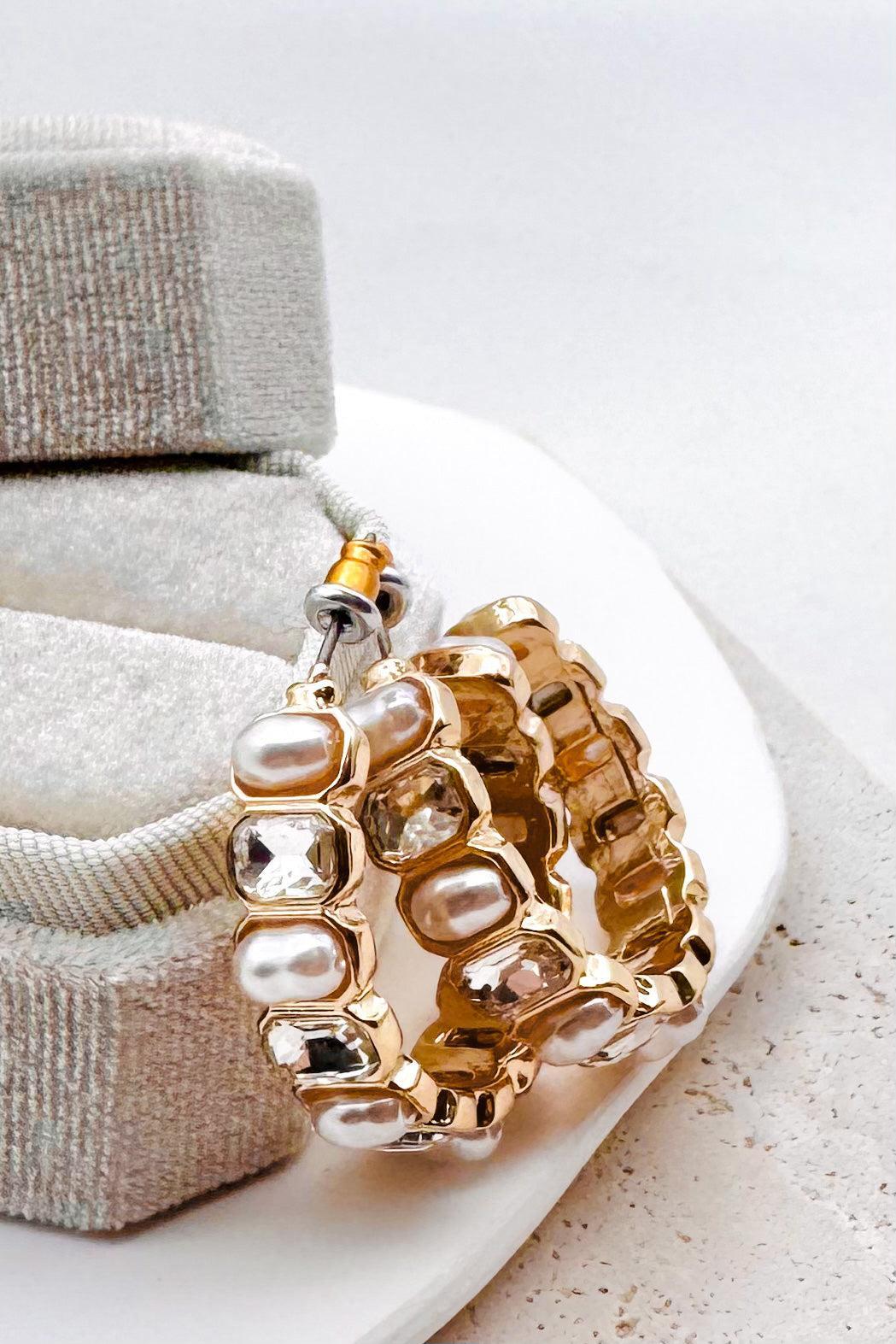 Alternating Pearl And Rhinestone Hoop Earrings