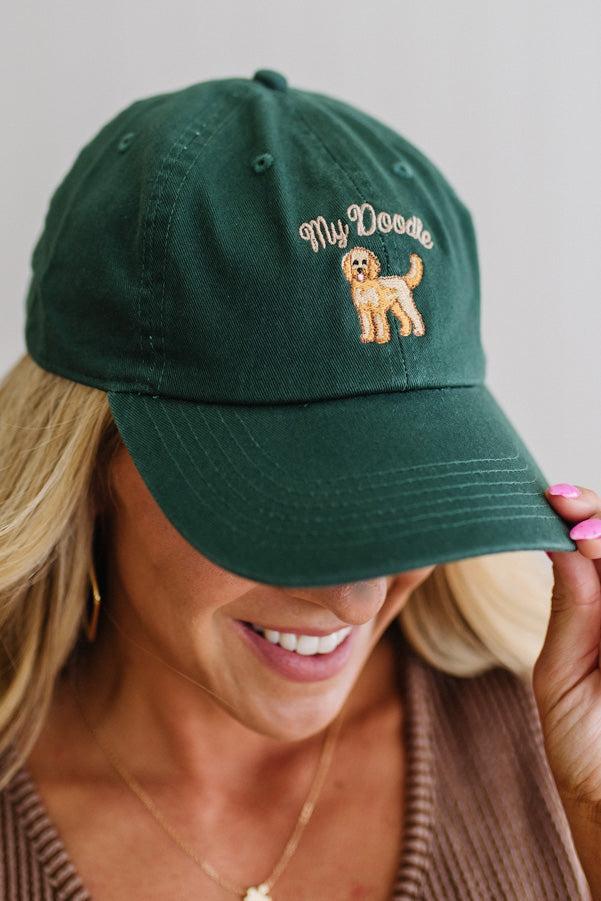 Dark Green "My Doodle" Embroidered Cotton Stone Washed Cap