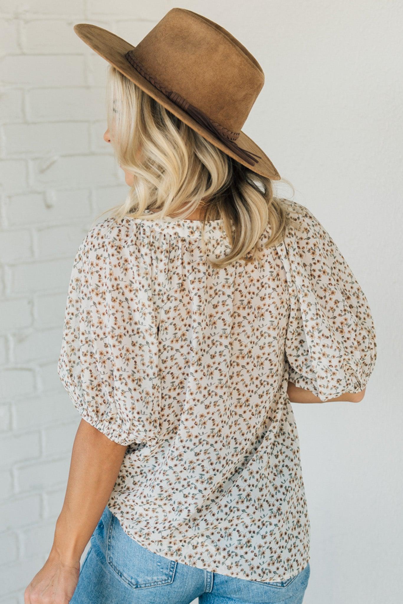 Neutral Ditsy Floral Buttoned Top