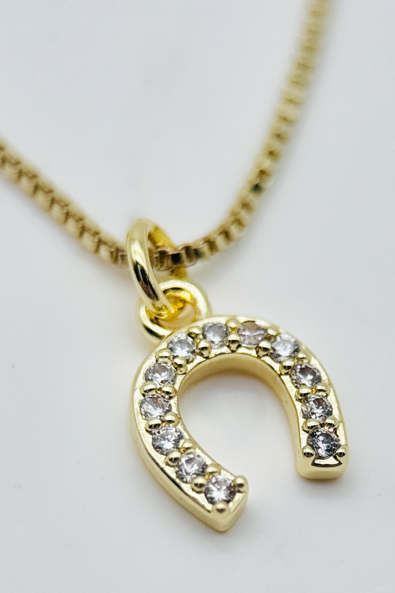 Gold horseshoe pendant necklace with clear stones on a light gray background