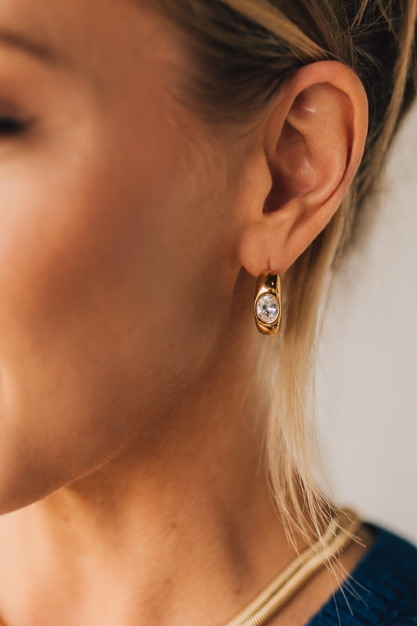 18K Gold Non-Tarnish CZ Classic C Hoop Earring