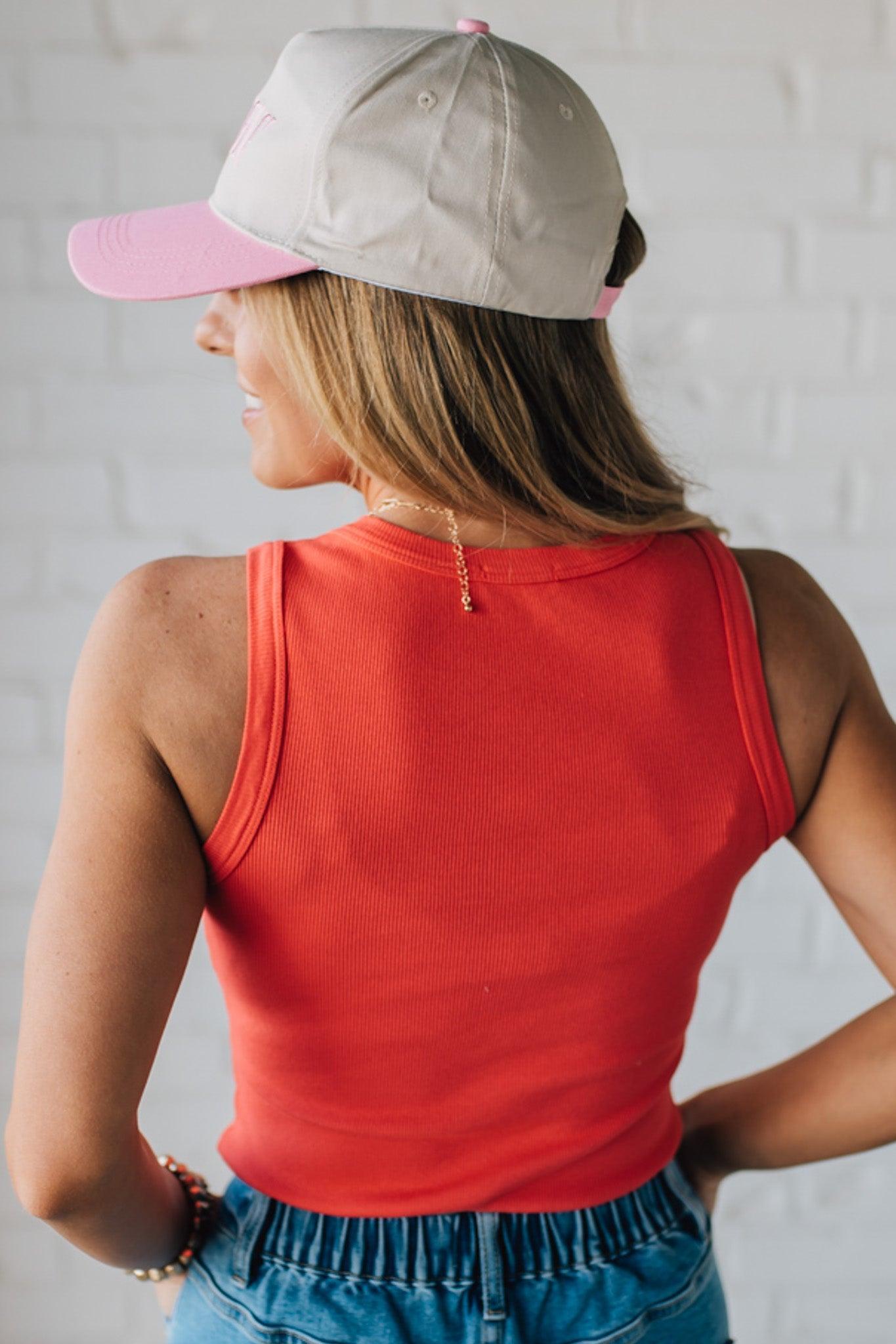 Blonde Woman Wearing a Solid Basic Cotton Garment Dyed Round Neck Tank Top.