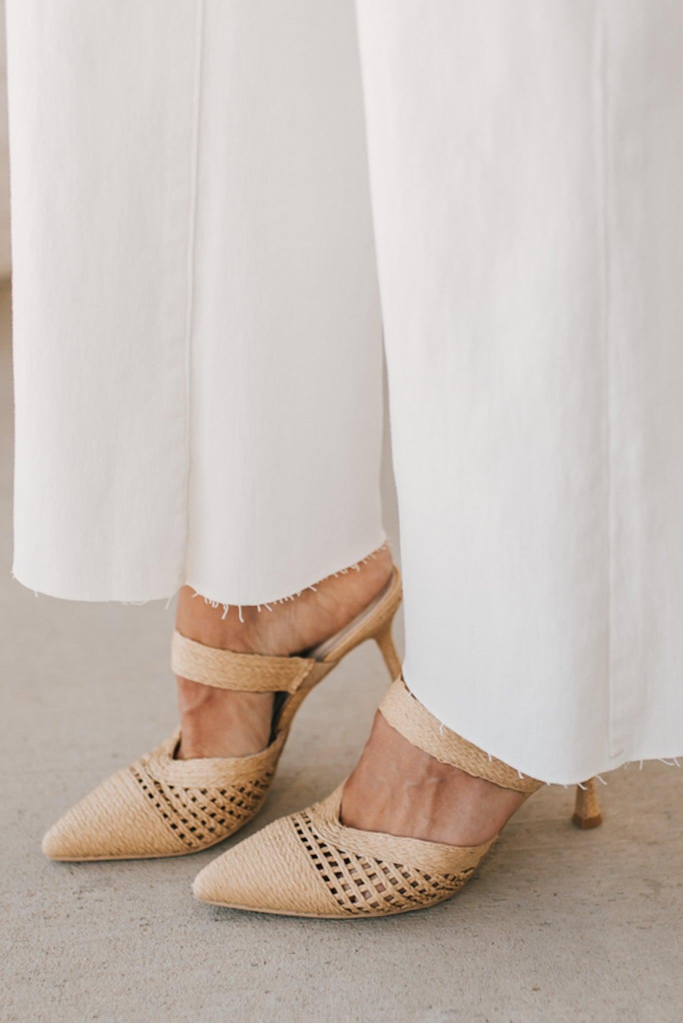 Pointed Toe Raffia Detail Kitten Heel