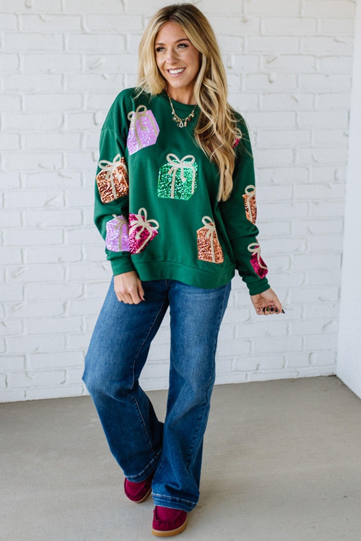 Blonde Woman Wearing a Sequin Christmas Gift Box Embroidered Pullover