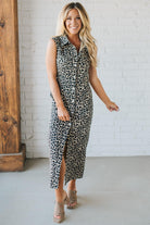 Blonde Woman Wearing a Button Front Maxi Leopard Denim Shirt Dress.