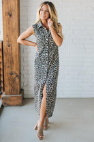 Blonde Woman Wearing a Button Front Maxi Leopard Denim Shirt Dress.