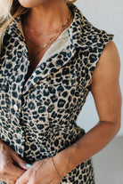 Blonde Woman Wearing a Button Front Maxi Leopard Denim Shirt Dress.